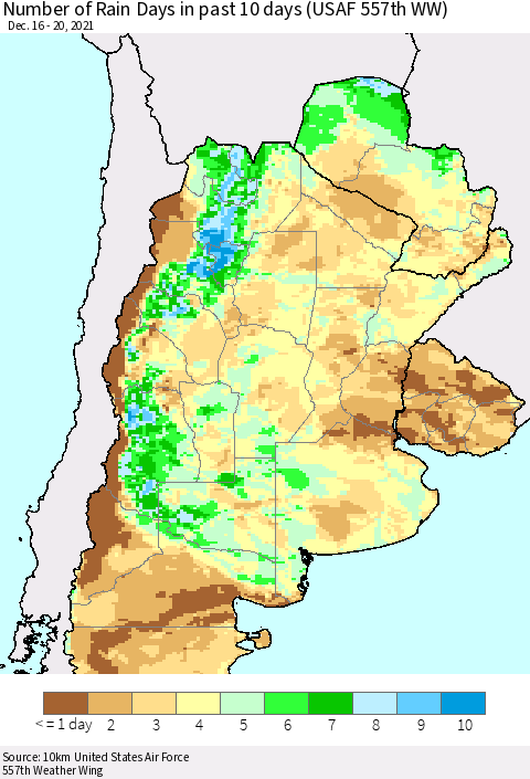 Southern South America Number of Rain Days in past 10 days (USAF 557th WW) Thematic Map For 12/16/2021 - 12/20/2021