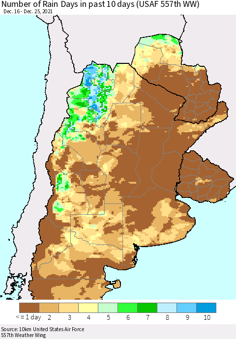 Southern South America Number of Rain Days in past 10 days (USAF 557th WW) Thematic Map For 12/21/2021 - 12/25/2021