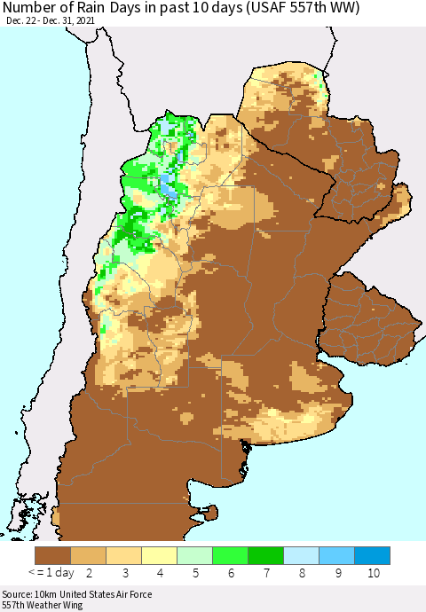 Southern South America Number of Rain Days in past 10 days (USAF 557th WW) Thematic Map For 12/26/2021 - 12/31/2021