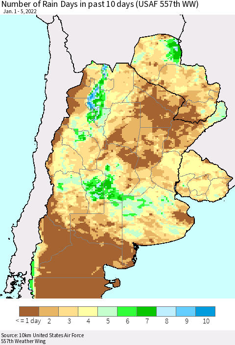 Southern South America Number of Rain Days in past 10 days (USAF 557th WW) Thematic Map For 1/1/2022 - 1/5/2022