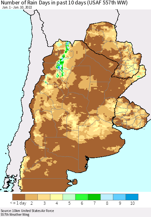 Southern South America Number of Rain Days in past 10 days (USAF 557th WW) Thematic Map For 1/6/2022 - 1/10/2022