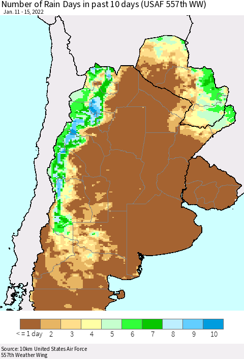 Southern South America Number of Rain Days in past 10 days (USAF 557th WW) Thematic Map For 1/11/2022 - 1/15/2022