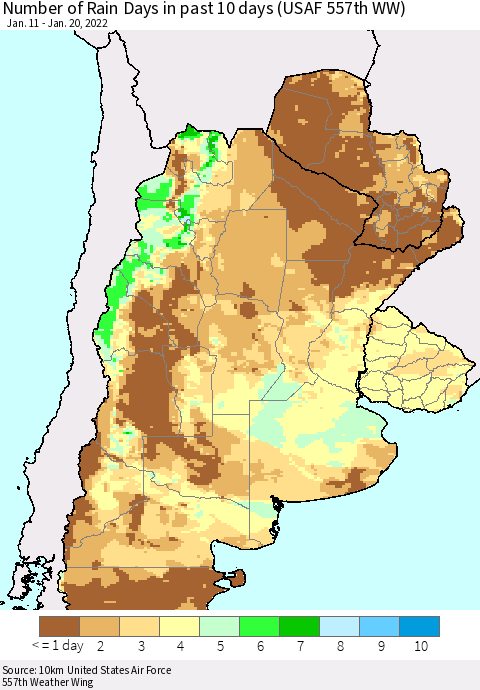 Southern South America Number of Rain Days in past 10 days (USAF 557th WW) Thematic Map For 1/16/2022 - 1/20/2022