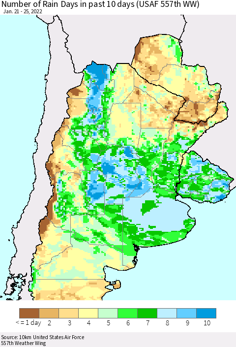Southern South America Number of Rain Days in past 10 days (USAF 557th WW) Thematic Map For 1/21/2022 - 1/25/2022