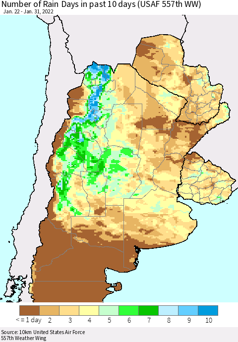 Southern South America Number of Rain Days in past 10 days (USAF 557th WW) Thematic Map For 1/26/2022 - 1/31/2022