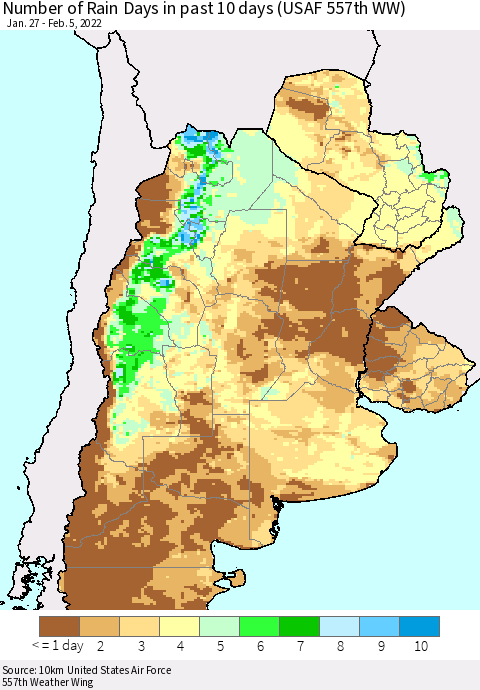 Southern South America Number of Rain Days in past 10 days (USAF 557th WW) Thematic Map For 2/1/2022 - 2/5/2022
