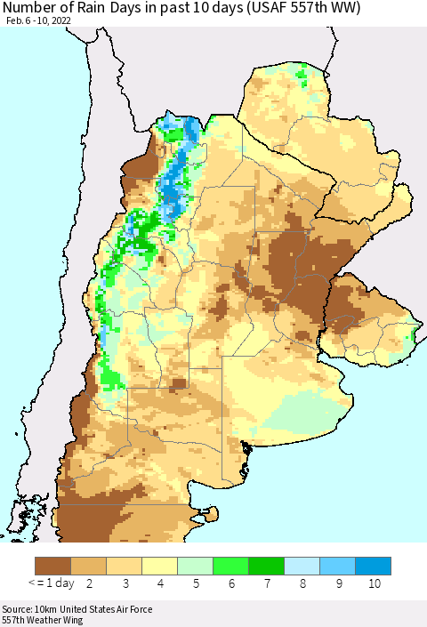 Southern South America Number of Rain Days in past 10 days (USAF 557th WW) Thematic Map For 2/6/2022 - 2/10/2022