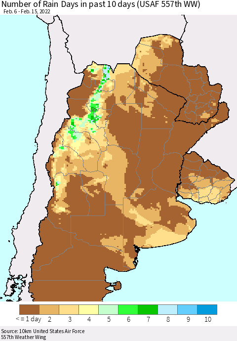 Southern South America Number of Rain Days in past 10 days (USAF 557th WW) Thematic Map For 2/11/2022 - 2/15/2022
