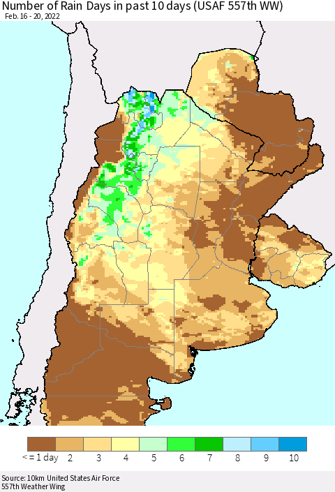 Southern South America Number of Rain Days in past 10 days (USAF 557th WW) Thematic Map For 2/16/2022 - 2/20/2022