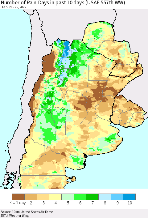 Southern South America Number of Rain Days in past 10 days (USAF 557th WW) Thematic Map For 2/21/2022 - 2/25/2022