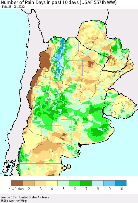 Southern South America Number of Rain Days in past 10 days (USAF 557th WW) Thematic Map For 2/26/2022 - 2/28/2022