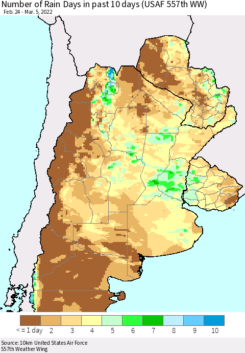 Southern South America Number of Rain Days in past 10 days (USAF 557th WW) Thematic Map For 3/1/2022 - 3/5/2022