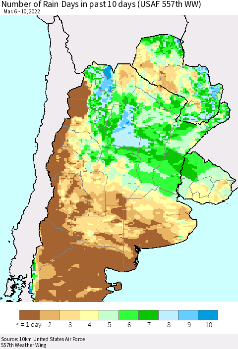 Southern South America Number of Rain Days in past 10 days (USAF 557th WW) Thematic Map For 3/6/2022 - 3/10/2022