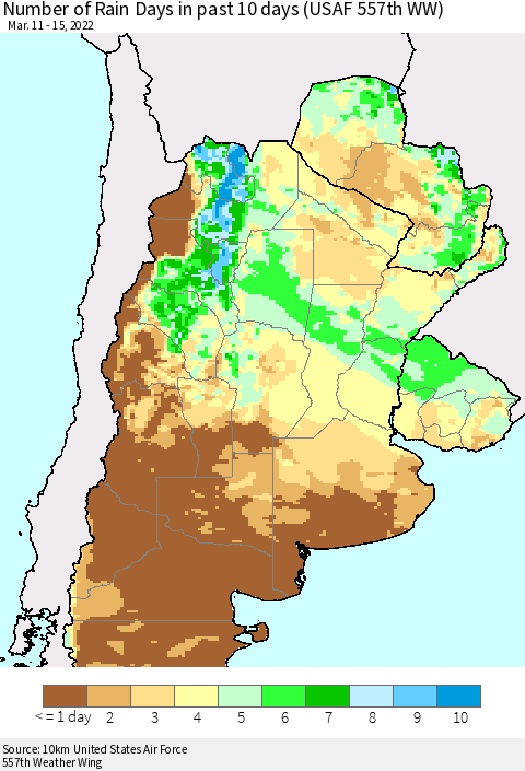 Southern South America Number of Rain Days in past 10 days (USAF 557th WW) Thematic Map For 3/11/2022 - 3/15/2022