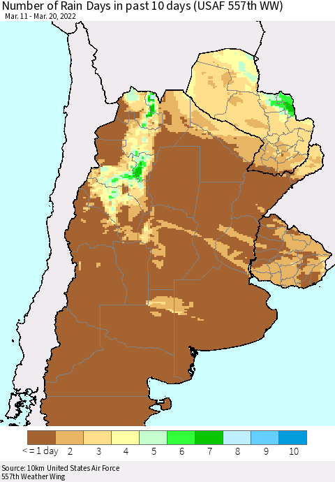 Southern South America Number of Rain Days in past 10 days (USAF 557th WW) Thematic Map For 3/16/2022 - 3/20/2022