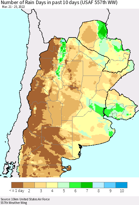 Southern South America Number of Rain Days in past 10 days (USAF 557th WW) Thematic Map For 3/21/2022 - 3/25/2022