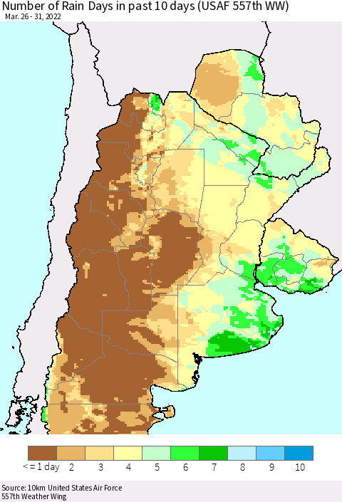 Southern South America Number of Rain Days in past 10 days (USAF 557th WW) Thematic Map For 3/26/2022 - 3/31/2022