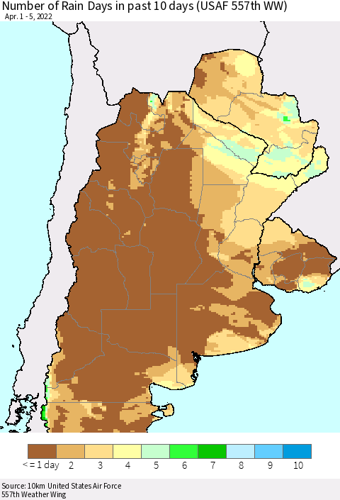 Southern South America Number of Rain Days in past 10 days (USAF 557th WW) Thematic Map For 4/1/2022 - 4/5/2022