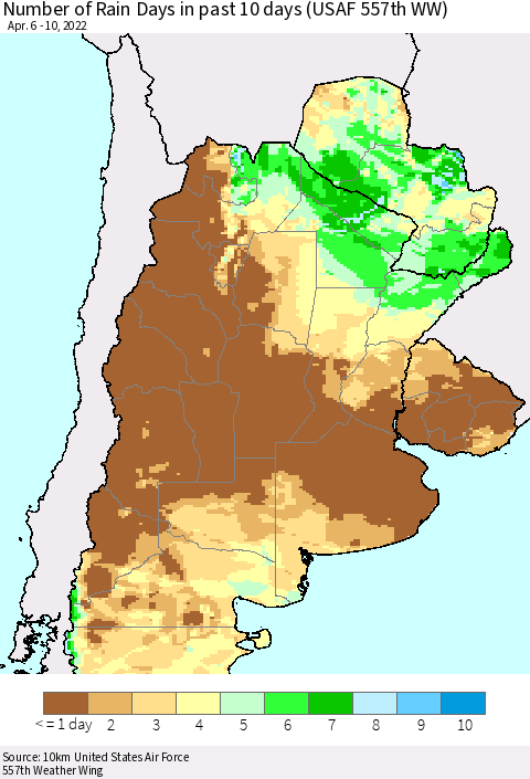 Southern South America Number of Rain Days in past 10 days (USAF 557th WW) Thematic Map For 4/6/2022 - 4/10/2022