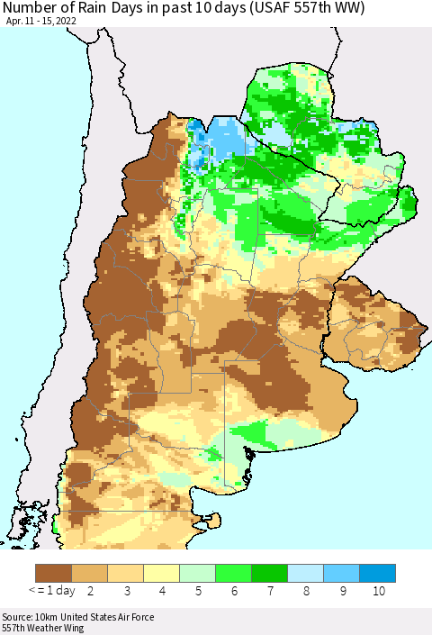 Southern South America Number of Rain Days in past 10 days (USAF 557th WW) Thematic Map For 4/11/2022 - 4/15/2022