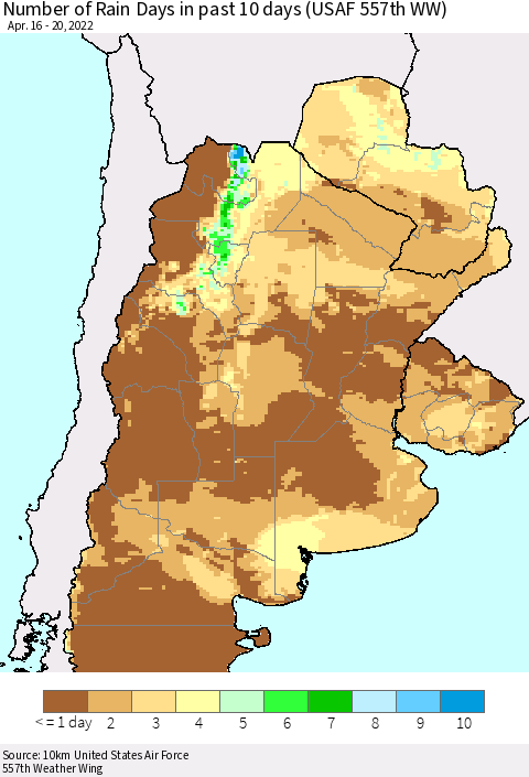 Southern South America Number of Rain Days in past 10 days (USAF 557th WW) Thematic Map For 4/16/2022 - 4/20/2022
