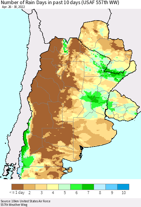 Southern South America Number of Rain Days in past 10 days (USAF 557th WW) Thematic Map For 4/26/2022 - 4/30/2022