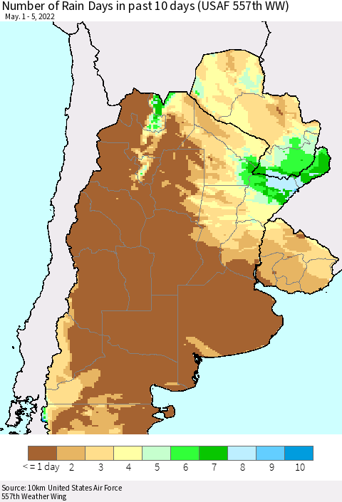 Southern South America Number of Rain Days in past 10 days (USAF 557th WW) Thematic Map For 5/1/2022 - 5/5/2022