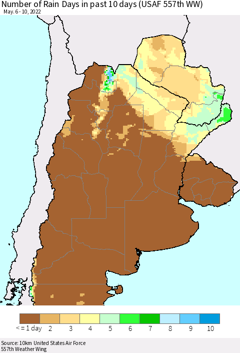 Southern South America Number of Rain Days in past 10 days (USAF 557th WW) Thematic Map For 5/6/2022 - 5/10/2022