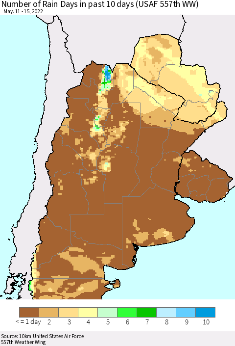 Southern South America Number of Rain Days in past 10 days (USAF 557th WW) Thematic Map For 5/11/2022 - 5/15/2022