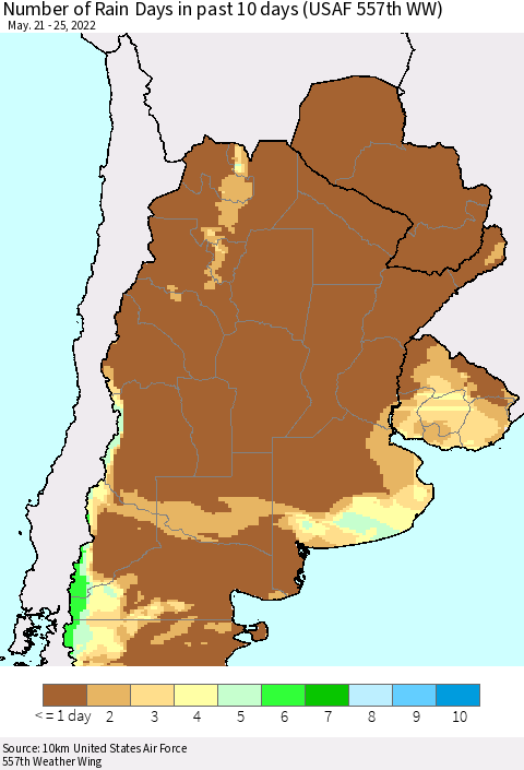 Southern South America Number of Rain Days in past 10 days (USAF 557th WW) Thematic Map For 5/21/2022 - 5/25/2022