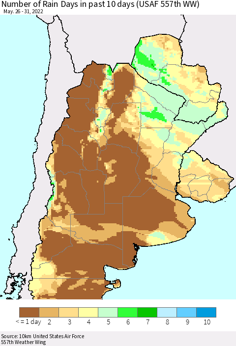 Southern South America Number of Rain Days in past 10 days (USAF 557th WW) Thematic Map For 5/26/2022 - 5/31/2022