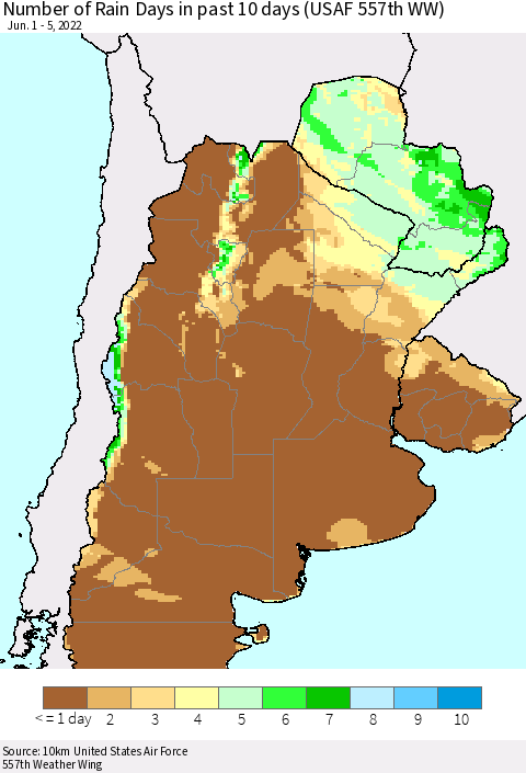 Southern South America Number of Rain Days in past 10 days (USAF 557th WW) Thematic Map For 6/1/2022 - 6/5/2022