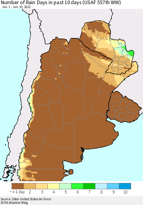 Southern South America Number of Rain Days in past 10 days (USAF 557th WW) Thematic Map For 6/6/2022 - 6/10/2022