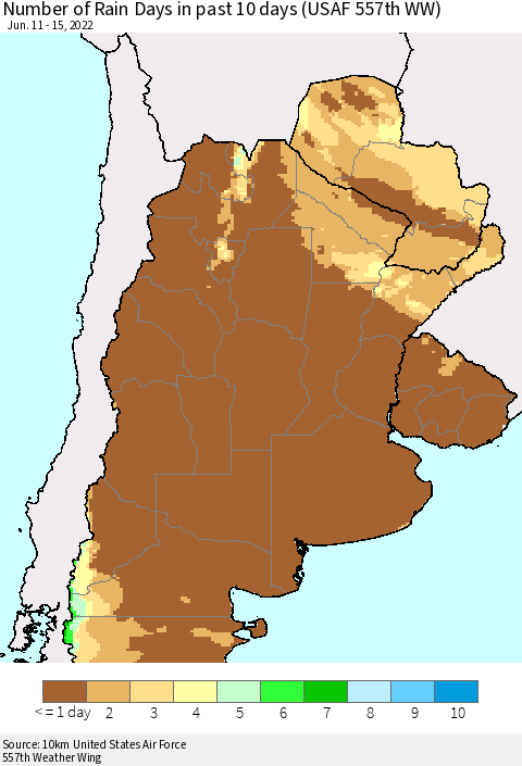 Southern South America Number of Rain Days in past 10 days (USAF 557th WW) Thematic Map For 6/11/2022 - 6/15/2022