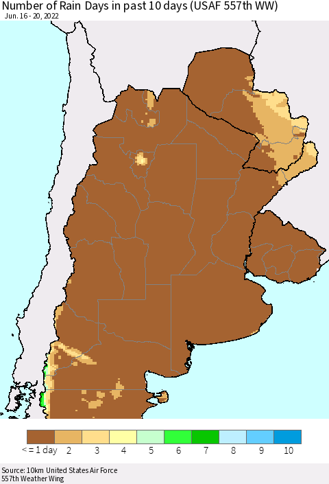 Southern South America Number of Rain Days in past 10 days (USAF 557th WW) Thematic Map For 6/16/2022 - 6/20/2022