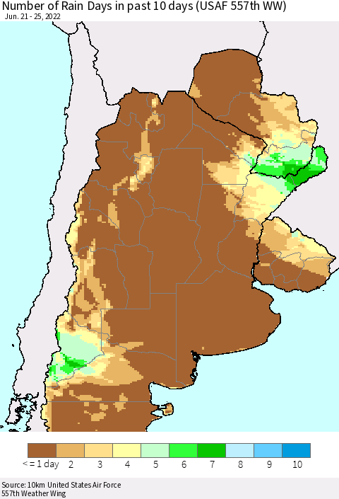 Southern South America Number of Rain Days in past 10 days (USAF 557th WW) Thematic Map For 6/21/2022 - 6/25/2022