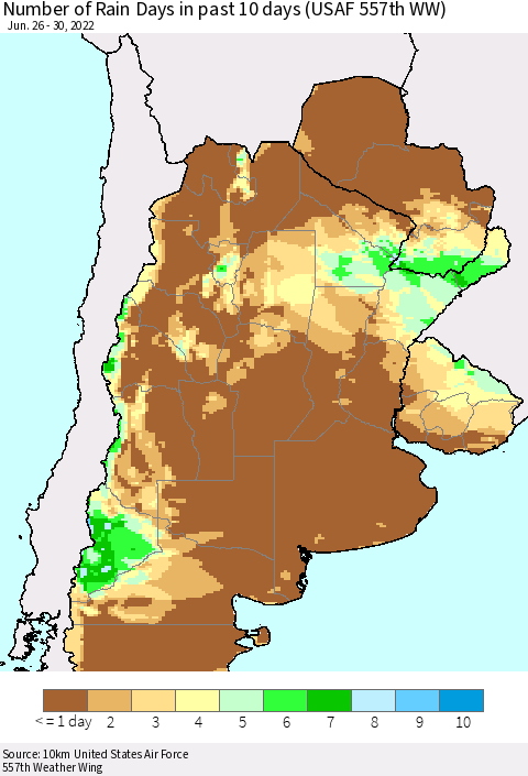 Southern South America Number of Rain Days in past 10 days (USAF 557th WW) Thematic Map For 6/26/2022 - 6/30/2022