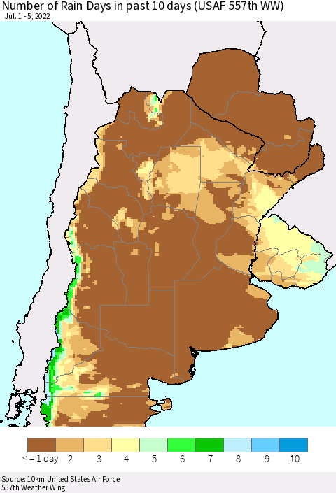 Southern South America Number of Rain Days in past 10 days (USAF 557th WW) Thematic Map For 7/1/2022 - 7/5/2022
