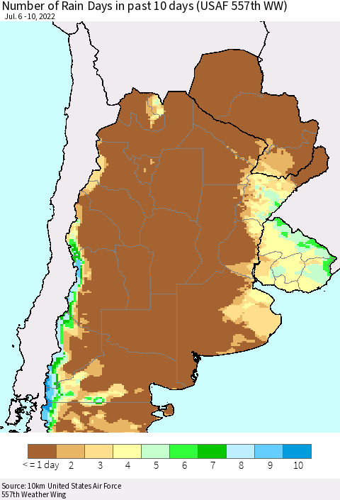 Southern South America Number of Rain Days in past 10 days (USAF 557th WW) Thematic Map For 7/6/2022 - 7/10/2022