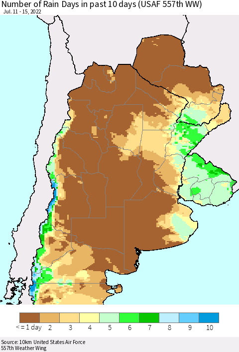 Southern South America Number of Rain Days in past 10 days (USAF 557th WW) Thematic Map For 7/11/2022 - 7/15/2022