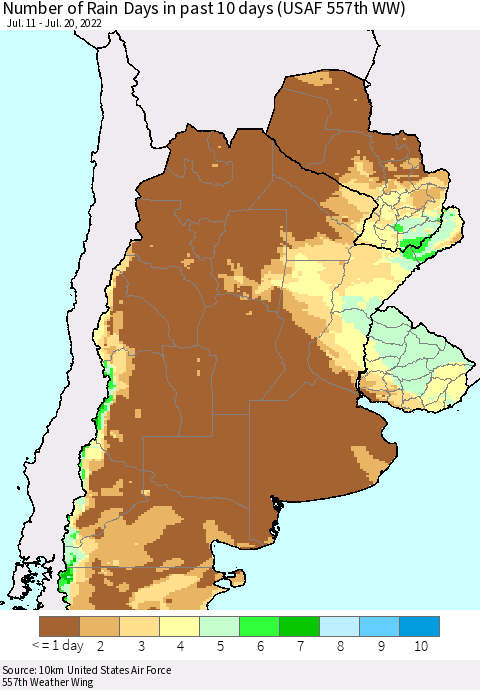 Southern South America Number of Rain Days in past 10 days (USAF 557th WW) Thematic Map For 7/16/2022 - 7/20/2022