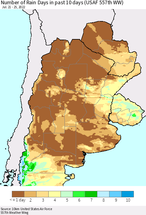 Southern South America Number of Rain Days in past 10 days (USAF 557th WW) Thematic Map For 7/21/2022 - 7/25/2022