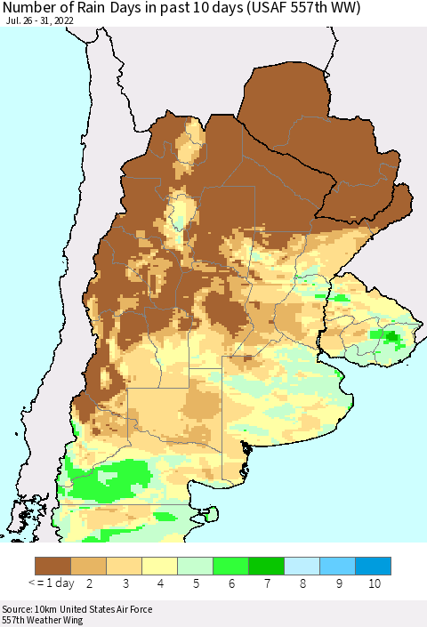 Southern South America Number of Rain Days in past 10 days (USAF 557th WW) Thematic Map For 7/26/2022 - 7/31/2022