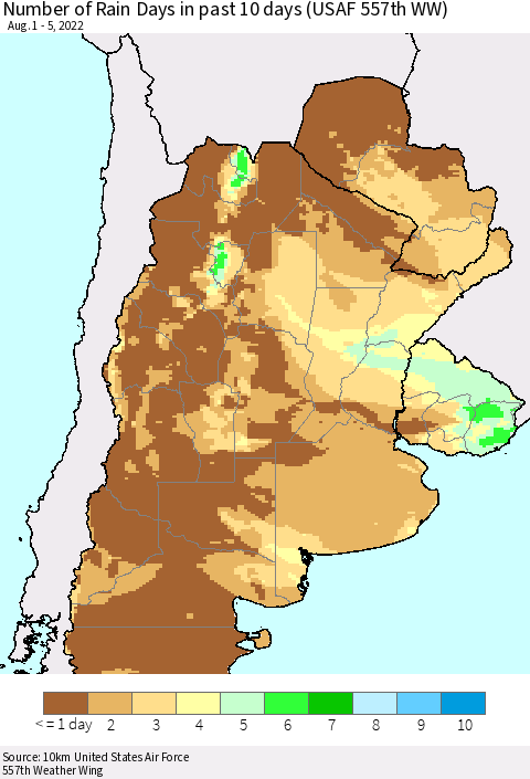 Southern South America Number of Rain Days in past 10 days (USAF 557th WW) Thematic Map For 8/1/2022 - 8/5/2022