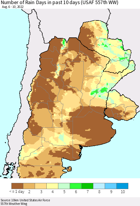 Southern South America Number of Rain Days in past 10 days (USAF 557th WW) Thematic Map For 8/6/2022 - 8/10/2022