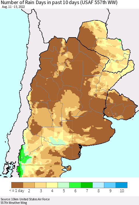 Southern South America Number of Rain Days in past 10 days (USAF 557th WW) Thematic Map For 8/11/2022 - 8/15/2022