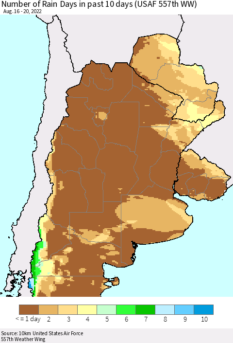 Southern South America Number of Rain Days in past 10 days (USAF 557th WW) Thematic Map For 8/16/2022 - 8/20/2022