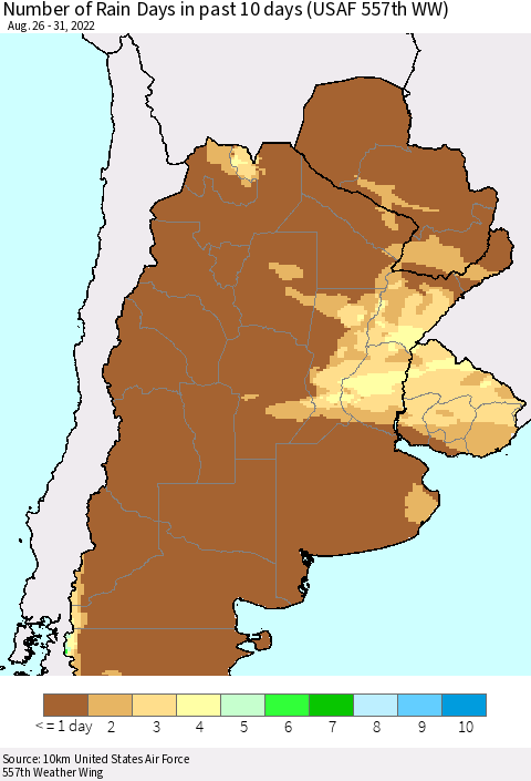 Southern South America Number of Rain Days in past 10 days (USAF 557th WW) Thematic Map For 8/26/2022 - 8/31/2022