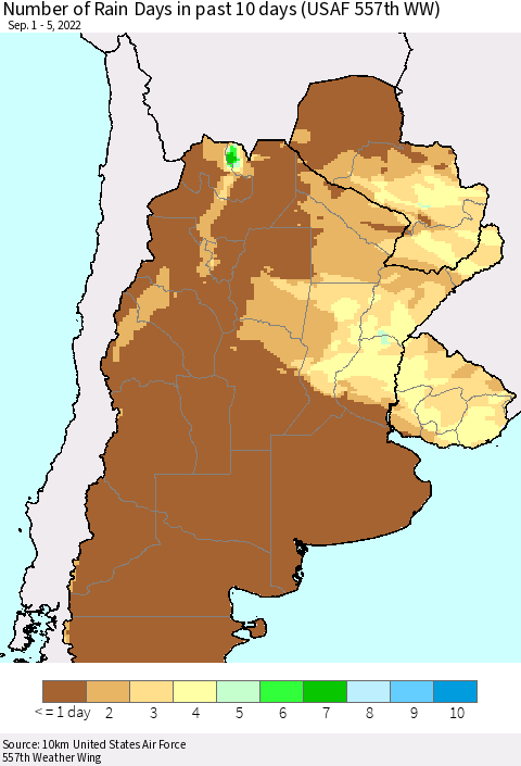 Southern South America Number of Rain Days in past 10 days (USAF 557th WW) Thematic Map For 9/1/2022 - 9/5/2022