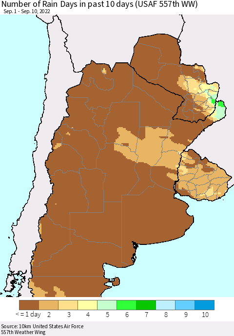 Southern South America Number of Rain Days in past 10 days (USAF 557th WW) Thematic Map For 9/6/2022 - 9/10/2022